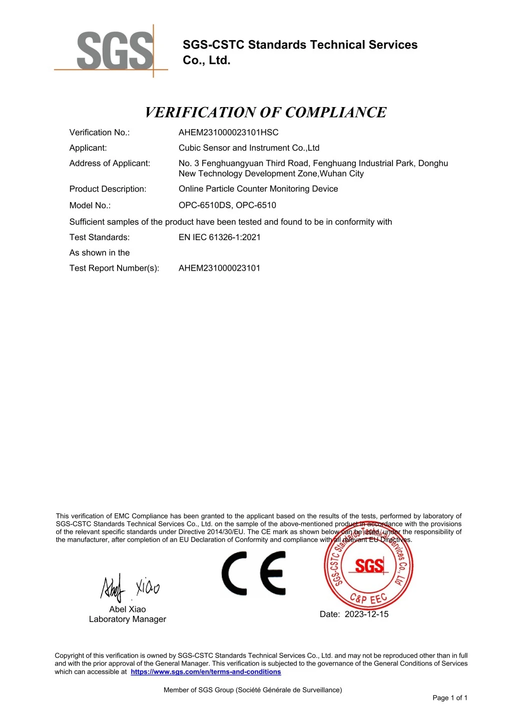 Certificat de RÉINITIÉ AM6108A
